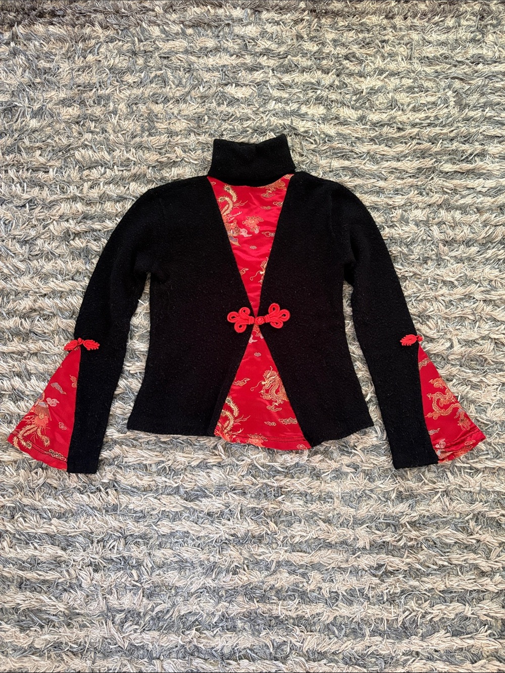 Vintage Y2K Cheongsam Brocade Red Dragon Knit Sweater Bell Sleeve Top Small